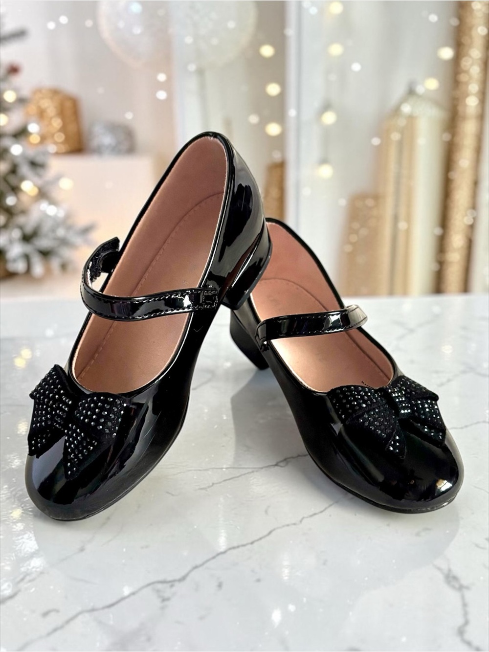 Kelly & Katie Bow Dress Flats 👠 Black Patent Rhinestone Girls Size 12 EUC